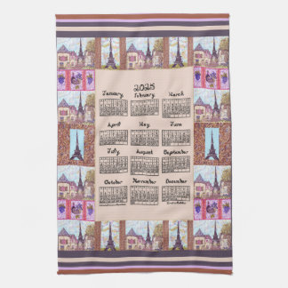 2025 Calendar Paris Eiffel Tower Pointillism Art Kitchen Towel
