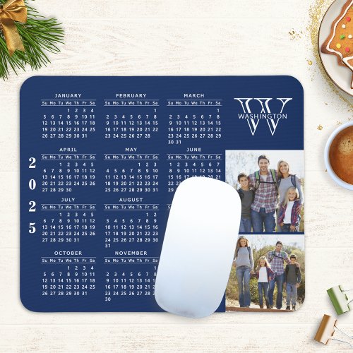 2025 Calendar Photo Collage Navy Blue Monogrammed Mouse Pad