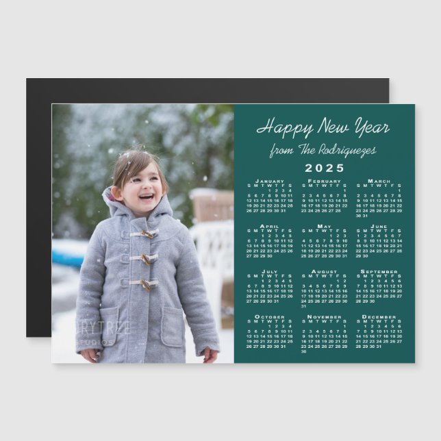 2025 Calendar Photo Happy New Year Teal Magnet (Front/Back)