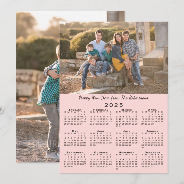 2025 Calendar Pink 2 Custom Photos Happy New Year Holiday Card (Front/Back)