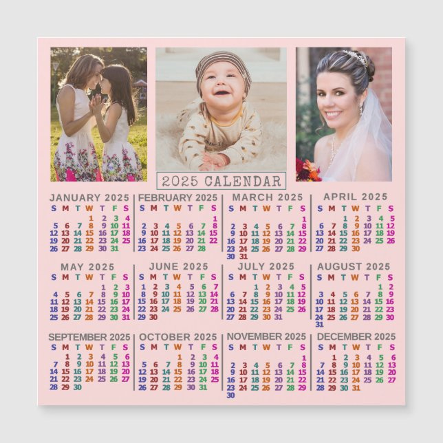2025 Calendar Pink Family Photo Collage Magnet (Front)