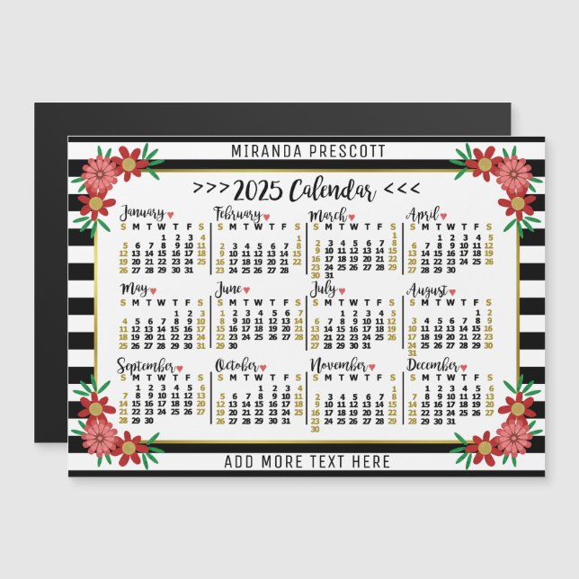 2025 Calendar Preppy Floral Stripes Custom Name Magnetic Invitation (Front/Back)