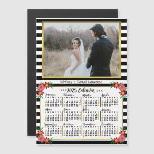 2025 Calendar Preppy Floral Stripes Custom Photo Magnetic Invitation