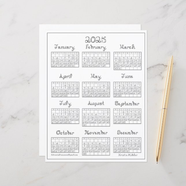 2025 Calendar Printable Silver Gray Fabric Font (Front/Back In Situ)