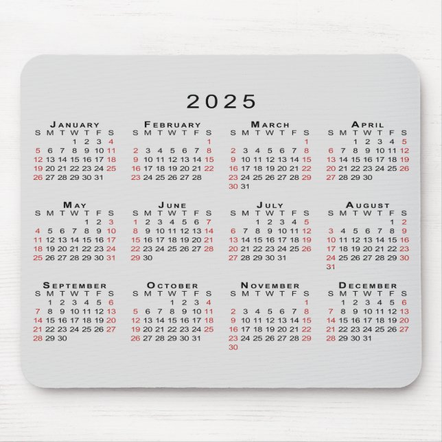 2025 Calendar Simple Gray Black Red Mouse Pad (Front)