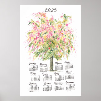 2025 Calendar Tall Watercolor Rainbow Shower Tree Poster