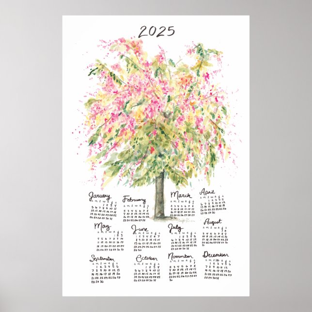 2025 Calendar Tall Watercolor Rainbow Shower Tree Poster (Front)