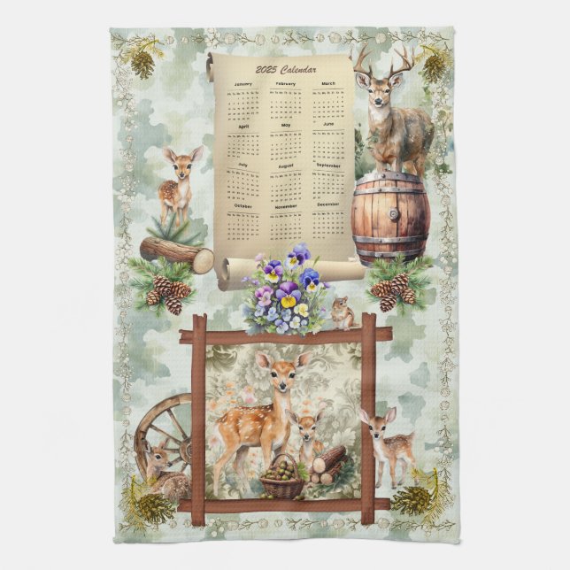 2025 Calendar Towel Deer Buck Pansies Acorns Green (Vertical)