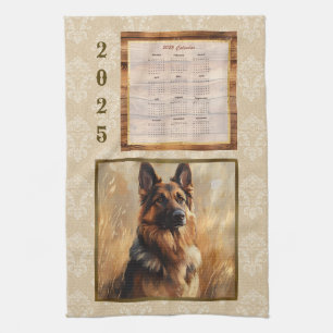 2025 Calendar Towel German Shepherd Tan Damask
