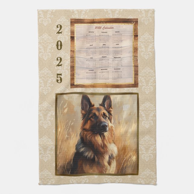 2025 Calendar Towel German Shepherd Tan Damask  (Vertical)