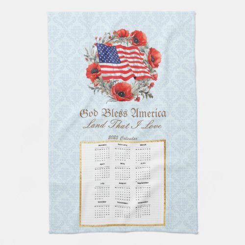 2025 Calendar Towel God Bless America Flag Poppies