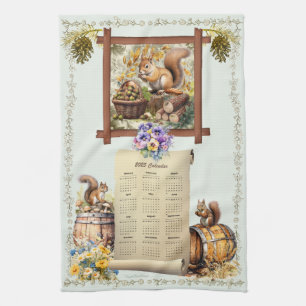 2025 Calendar Towel Squirrels Pansies Acorns Green