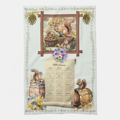 2025 Calendar Towel Squirrels Pansies Acorns Green