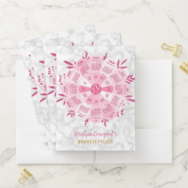 2025 Calendar Unique Boho Pink Flower Custom Name Pocket Folder (In Situ)