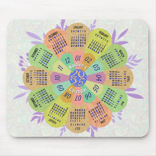2025 Calendar Unique Boho Retro Flower Custom Name Mouse Pad (Front)