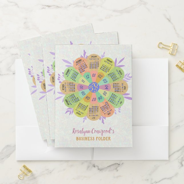 2025 Calendar Unique Boho Retro Flower Custom Name Pocket Folder (In Situ)
