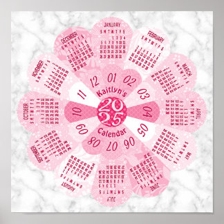 2025 Calendar Unique Round Boho Pink Flower Custom Poster