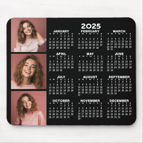 2025 Calendar with 3 Photo Collage _ black Mouse Pad