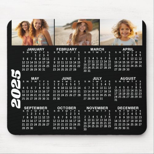 2025 Calendar with 3 Photo Collage _ black  Mouse Pad