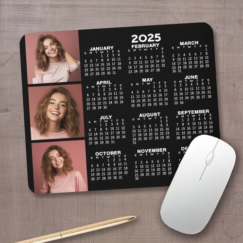 2025 Calendar with 3 Photo Collage _ black Mouse Pad