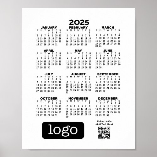 2025 Calendar with Logo and QR Code _ Black White Poster