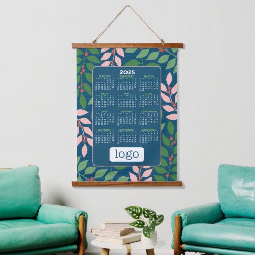 2025 Calendar with Logo _ Botanical Blue Peach Hanging Tapestry