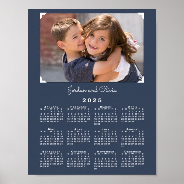 2025 Calendar with Your Photo and Name Navy Blue Poster (Front)