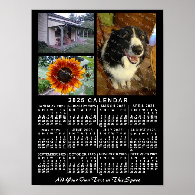 2025 Calendar Year Black Custom 3 Photos Monthly Poster (Front)
