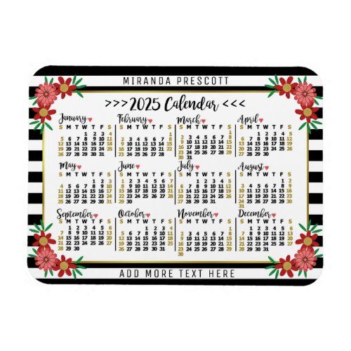 2025 Calendar Year Monthly Floral Stripes  Custom Magnet