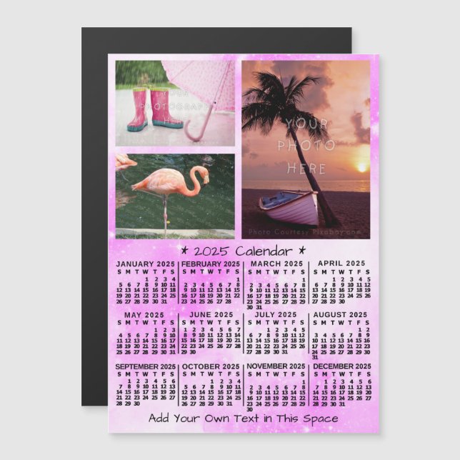 2025 Calendar Year Pink Watercolor 3 Custom Photos Magnetic Invitation (Front/Back)