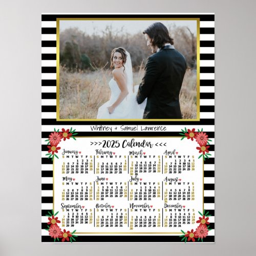 2025 Calendar Year Preppy Floral Stripes  Photo Poster