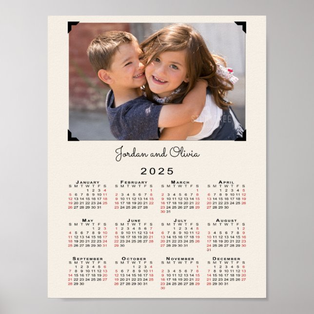 2025 Calendar Your Photo and Name on Beige Poster (Front)