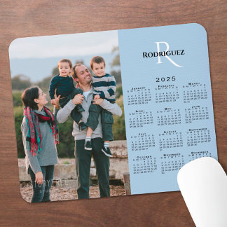 2025 Calendar Your Photo Monogram Name Light Blue Mouse Pad
