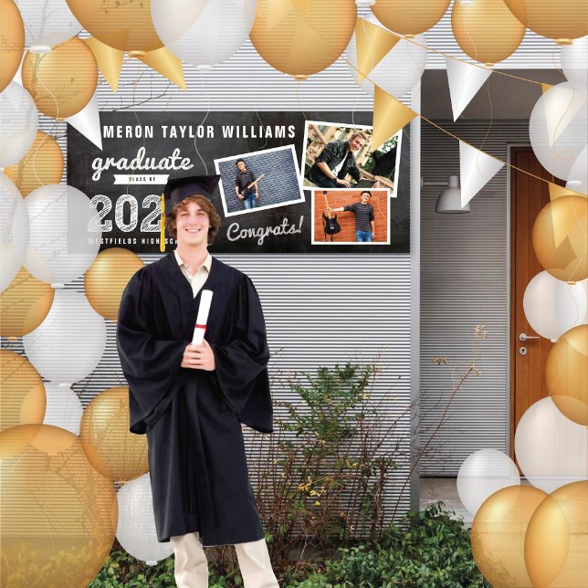 2025 Chalkboard Sketch 3 Photo Graduation Party Banner (2024 Black Chalkboard & White Sketch 3 Photo Graduation Party Banner @ www.zazzle.com/color_therapy)