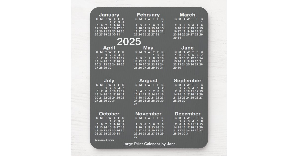 2025 Charcoal Large Print Calendar by Janz Mouse Pad Zazzle