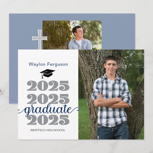 2025 Christian Blue Graduation Photo Announcement (Front/Back)
