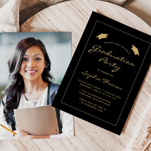 2025 Classic Black Gold Border Graduation Party Invitation