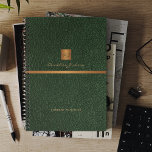 2025 Classy elegant green leather gold monogrammed Planner<br><div class="desc">Luxury exclusive looking office or personal monogrammed planner featuring a faux copper metallic gold glitter square with your monogram name initials and a sparkling stripe over a stylish dark green faux leather background. Suitable for small business, corporate or independent business professionals, personal branding or stylists specialists, makeup artists or beauty...</div>