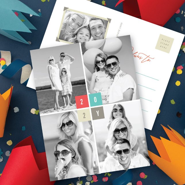 2025 Color Blocks Modern New Year 4 Photo Collage Holiday Postcard (Creator Uploaded)