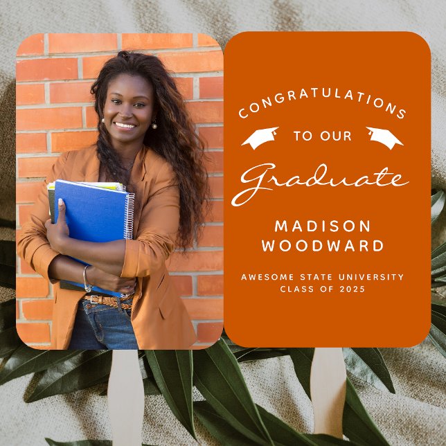 2025 Custom Photo Burnt Orange White Graduation Hand Fan (Creator Uploaded)