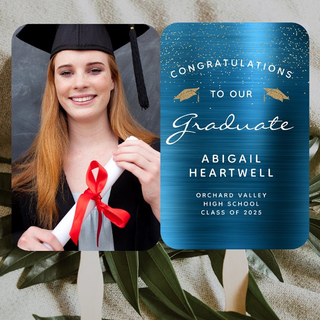 2025 Custom Photo Teal Blue Metallic Graduation Hand Fan (Creator Uploaded)