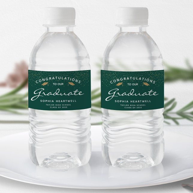 2025 Dark Green Gold Caps White Script Graduation Water Bottle Label (Creator Uploaded)