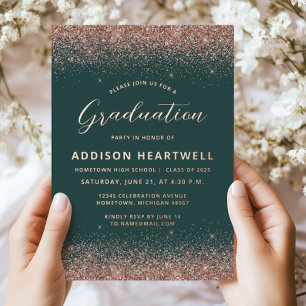 2025 Dark Green Rose Gold Glitter Graduation Party Foil Invitation