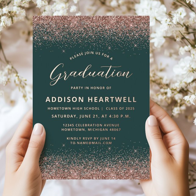 2025 Dark Green Rose Gold Glitter Graduation Party Foil Invitation (Creator Uploaded)