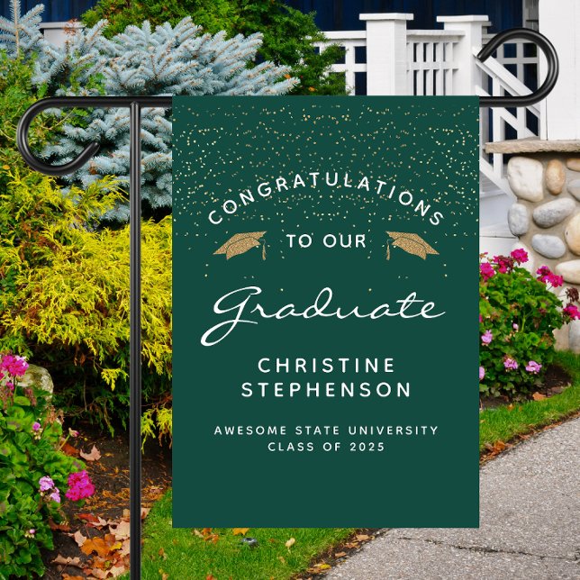 2025 Dark Green White Gold Cap Graduation Garden Flag (Creator Uploaded)