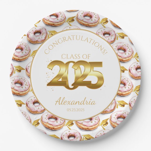2025 Donuts and Degrees Gold Graduation Paper Plates (Front)