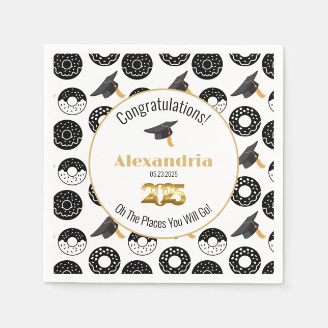 2025 Donuts and Degrees Modern Black and White Napkins (Front)
