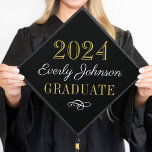 2025 Elegant Black and Gold Custom Graduation Cap Topper<br><div class="desc">Stylish graduation cap topper features your graduate's name in script with a scroll design accent. The classic black,  white,  and gold color scheme can be completely customized.</div>
