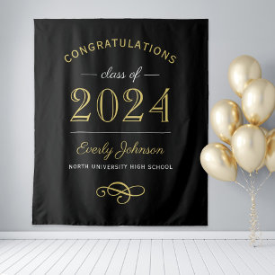 2025 Elegant Gold and Black Custom Graduation Tapestry