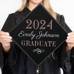 2025 Elegant Rose Gold Custom Graduation Cap Topper<br><div class="desc">Girly graduation cap topper features your graduate's name in script with scroll design accent. The stylish rose gold black,  white,  and blush pink / rose gold color scheme can be completely customized.</div>